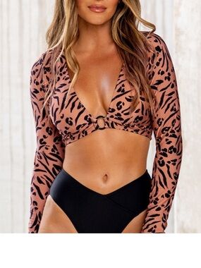 Cupshe Long Sleeve Animal Print Bikini Top Set - Mauve Pink & Black